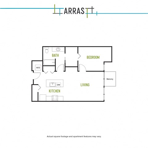 Floor plan for 1 bed, 1 bath, 722 sqft